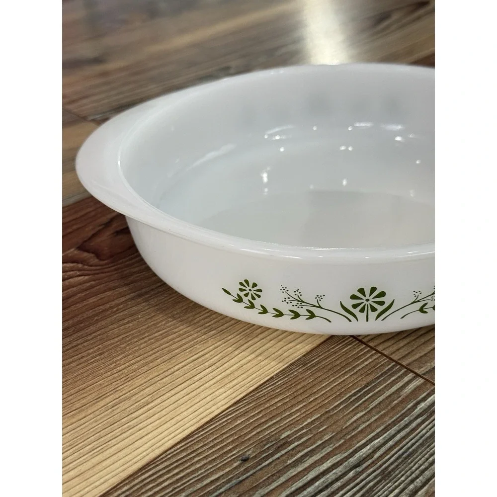 Glasbake white green flowers Casserole Dish J-2429  8 inch.  No lid.  Vintage